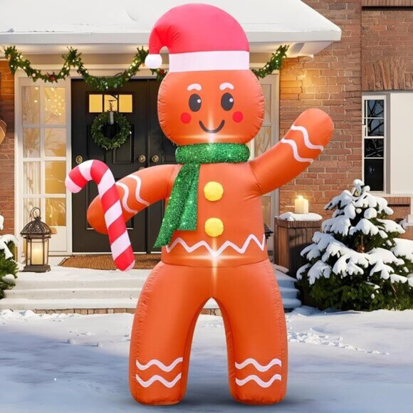 ⚡6FT Christmas Inflatables Gingerbread Man with Candy Cane Outdoor Decorations - Picture 1 of 6